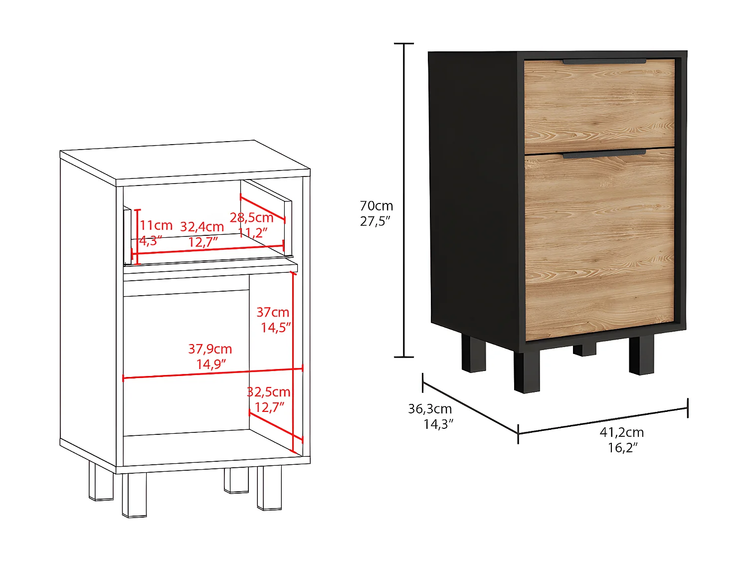 Comodino Kaia Z, con un cassetto 41,2CM L X 36,3CM P X 70CM L X 70CM H Nero / Miele