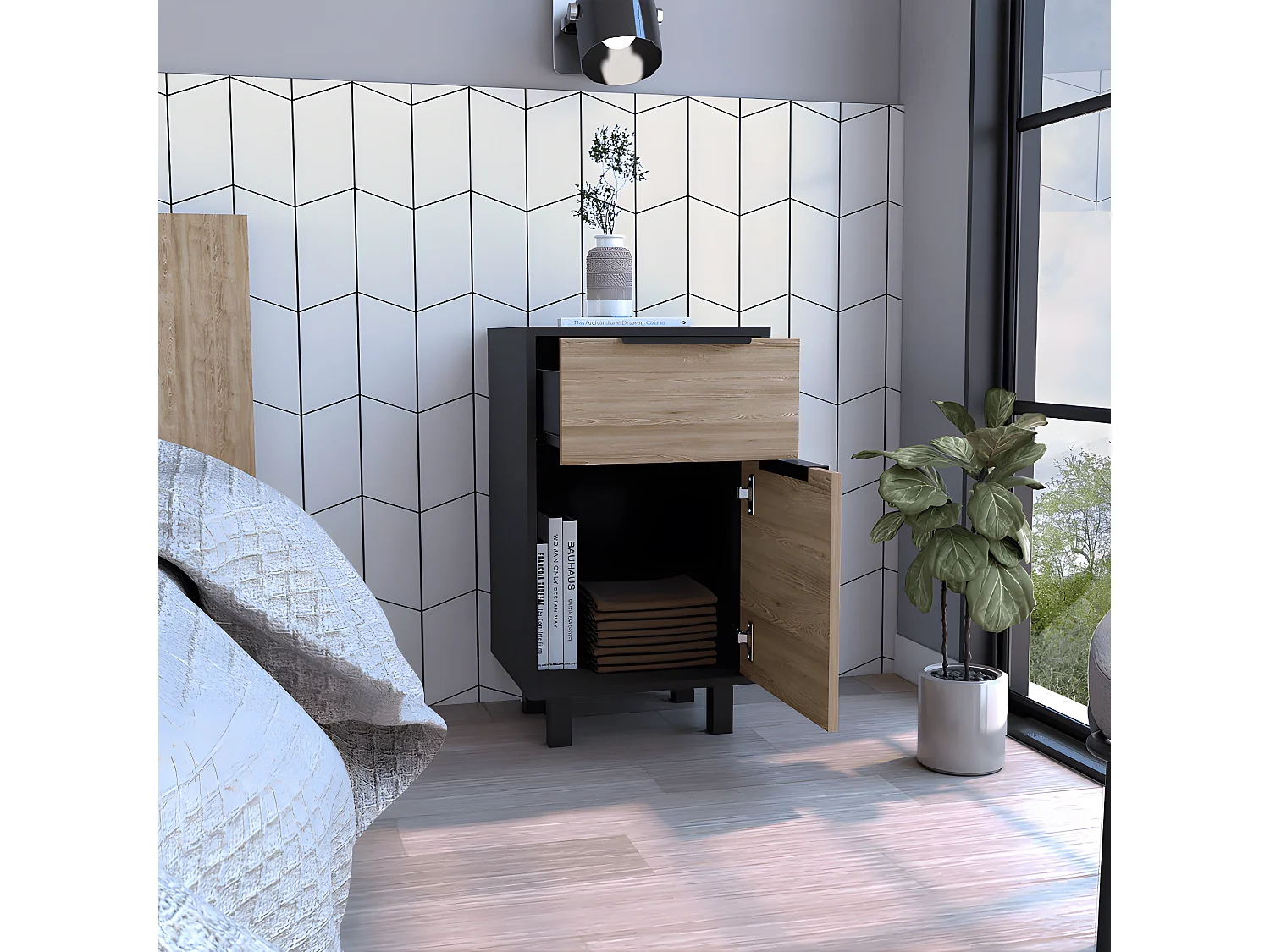 Comodino Kaia Z, con un cassetto 41,2CM L X 36,3CM P X 70CM L X 70CM H Nero / Miele