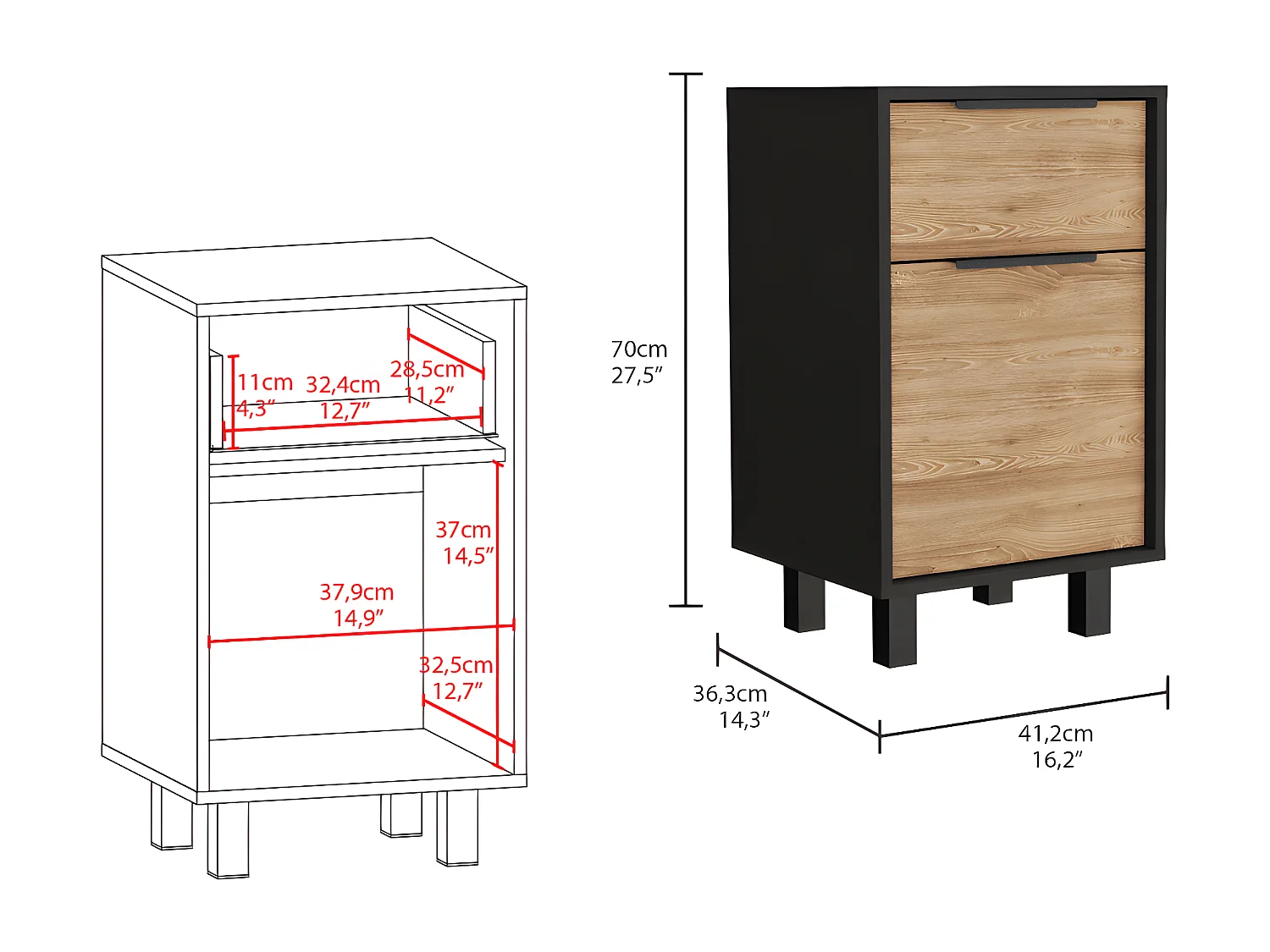 Comodino Kaia Z, con un cassetto 41,2CM L X 36,3CM P X 70CM L X 70CM H Nero / Miele
