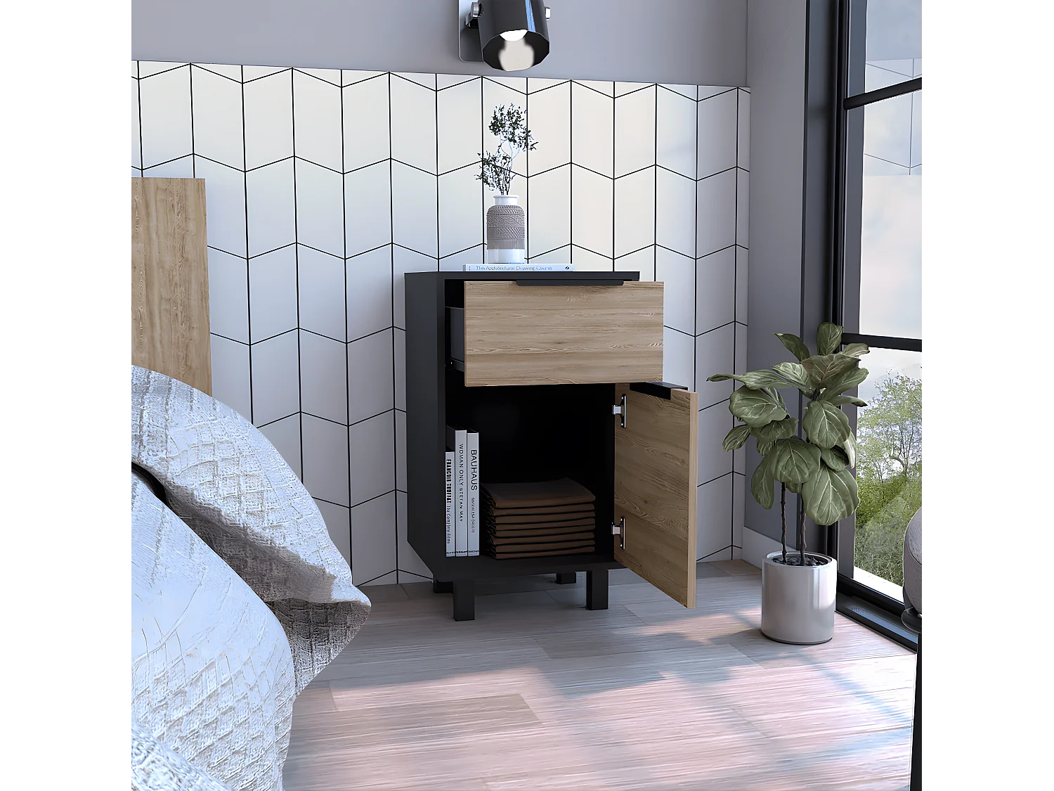 Comodino Kaia Z, con un cassetto 41,2CM L X 36,3CM P X 70CM L X 70CM H Nero / Miele