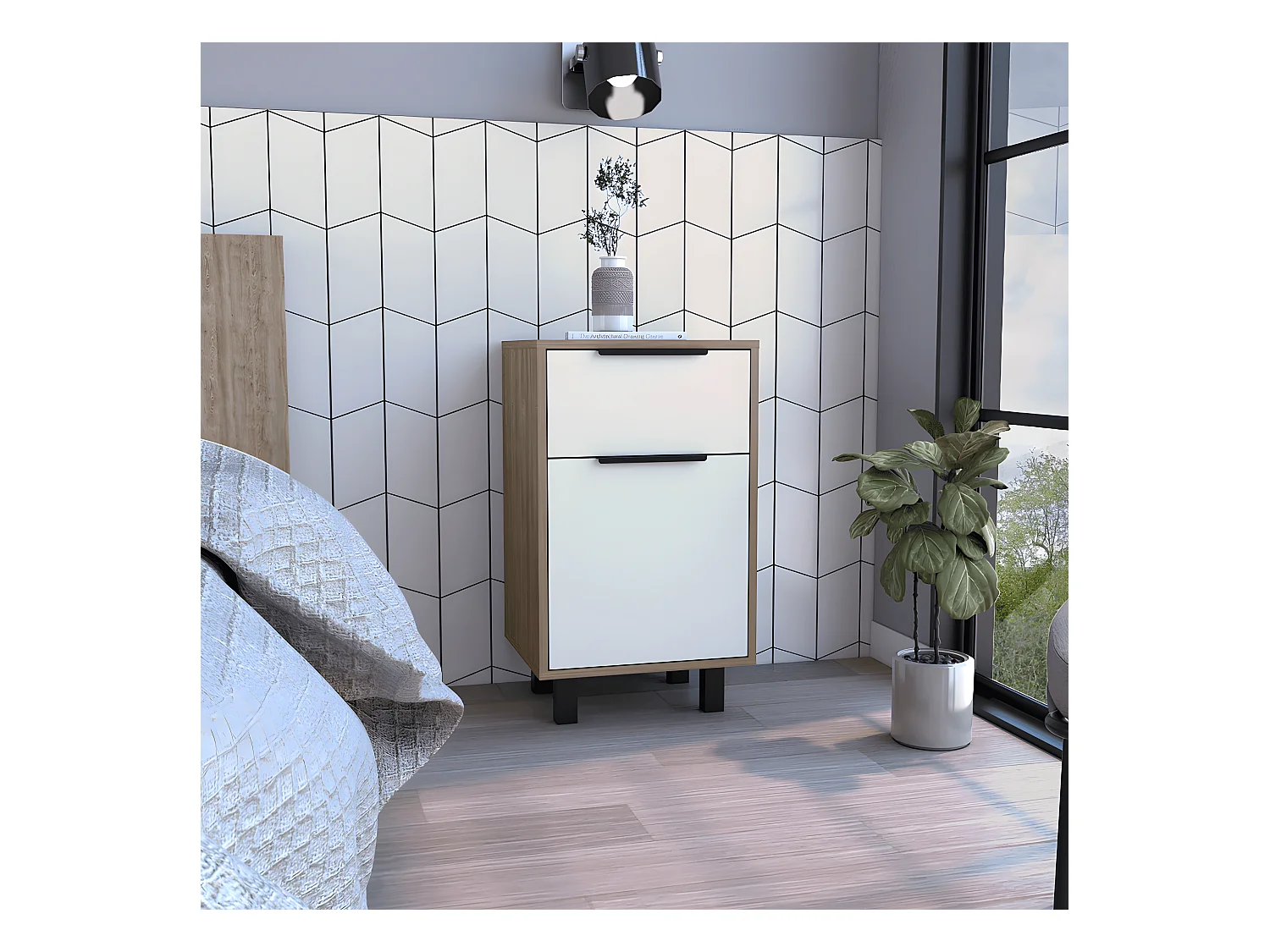 Table de nuit Kaia Z avec tiroir et armoire 41,2 cm L x 36,3 cm D x70cm au blanc / miel