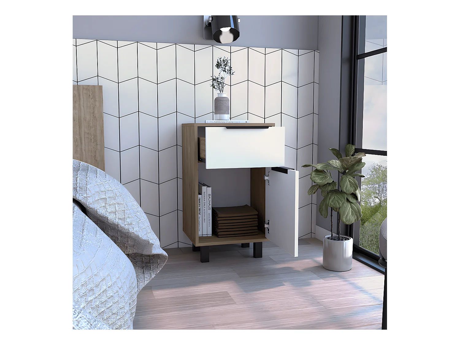 Table de nuit Kaia Z avec tiroir et armoire 41,2 cm L x 36,3 cm D x70cm au blanc / miel