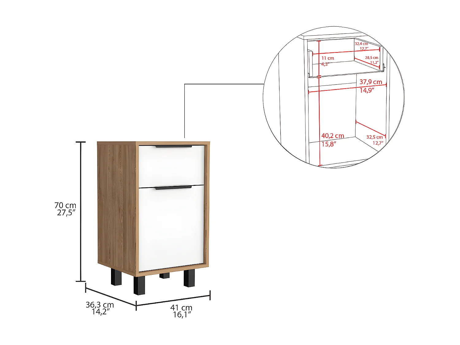 Mesa de noche Kaia Z, con un cajón 41.2CM L X 36.3CM D X70CM A Miel / Blanco