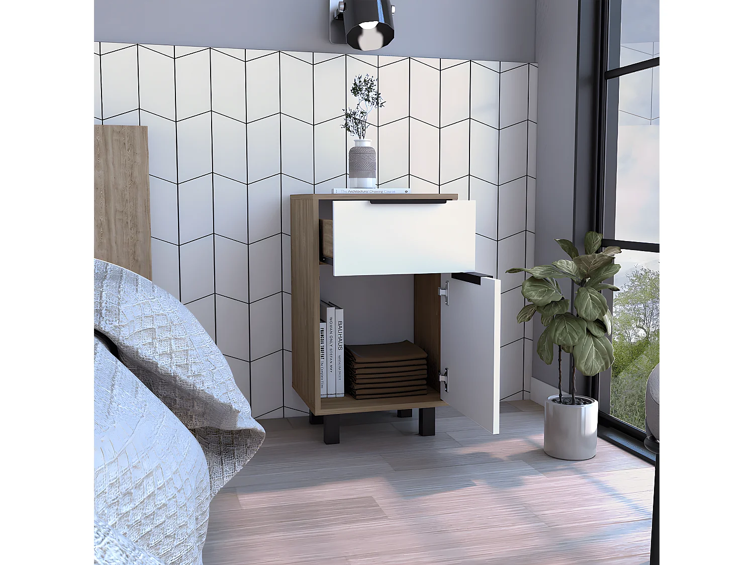 Mesa de noche Kaia Z, con un cajón 41.2CM L X 36.3CM D X70CM A Miel / Blanco