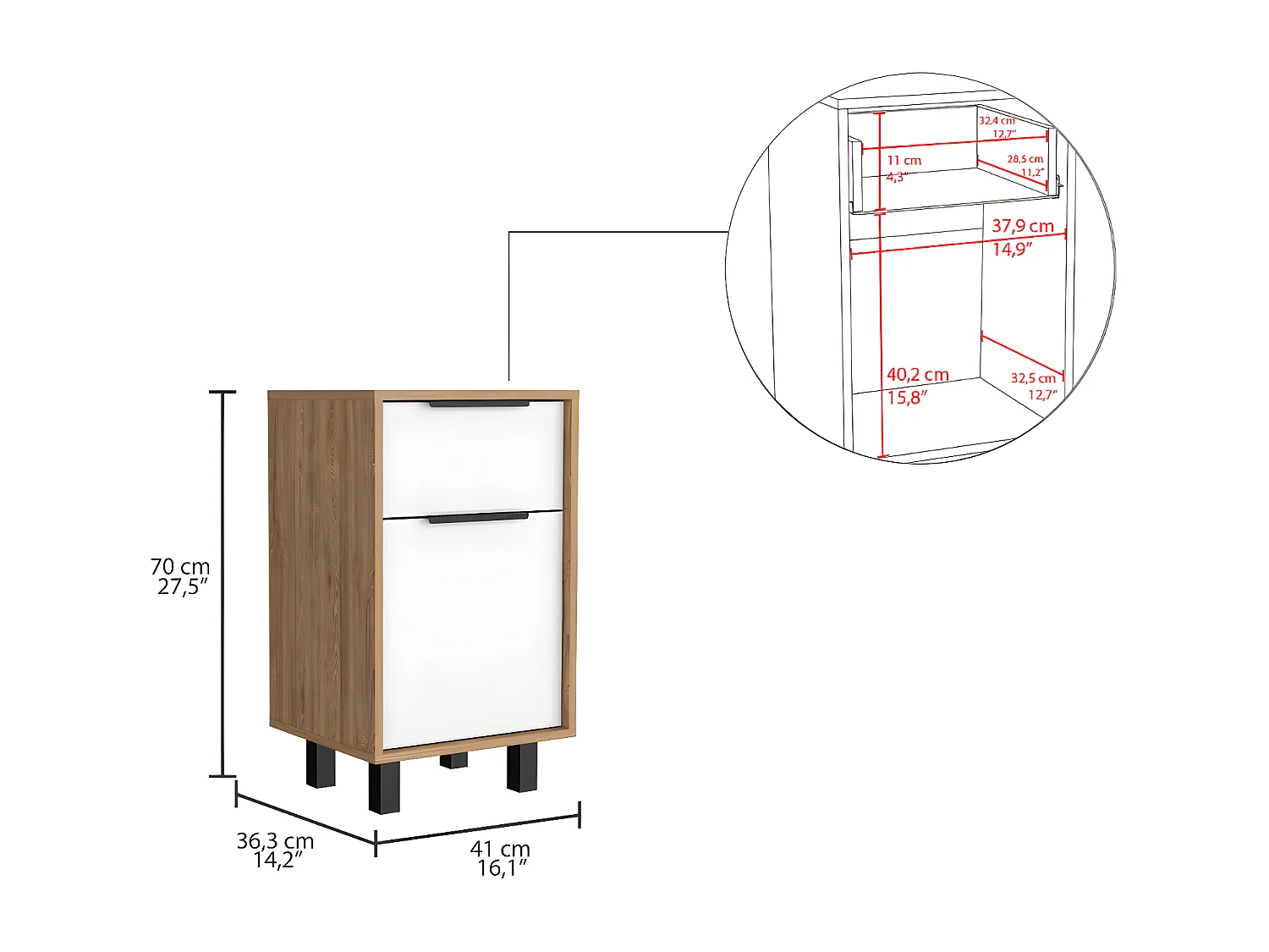 Mesa de noche Kaia Z, con un cajón 41.2CM L X 36.3CM D X70CM A Miel / Blanco