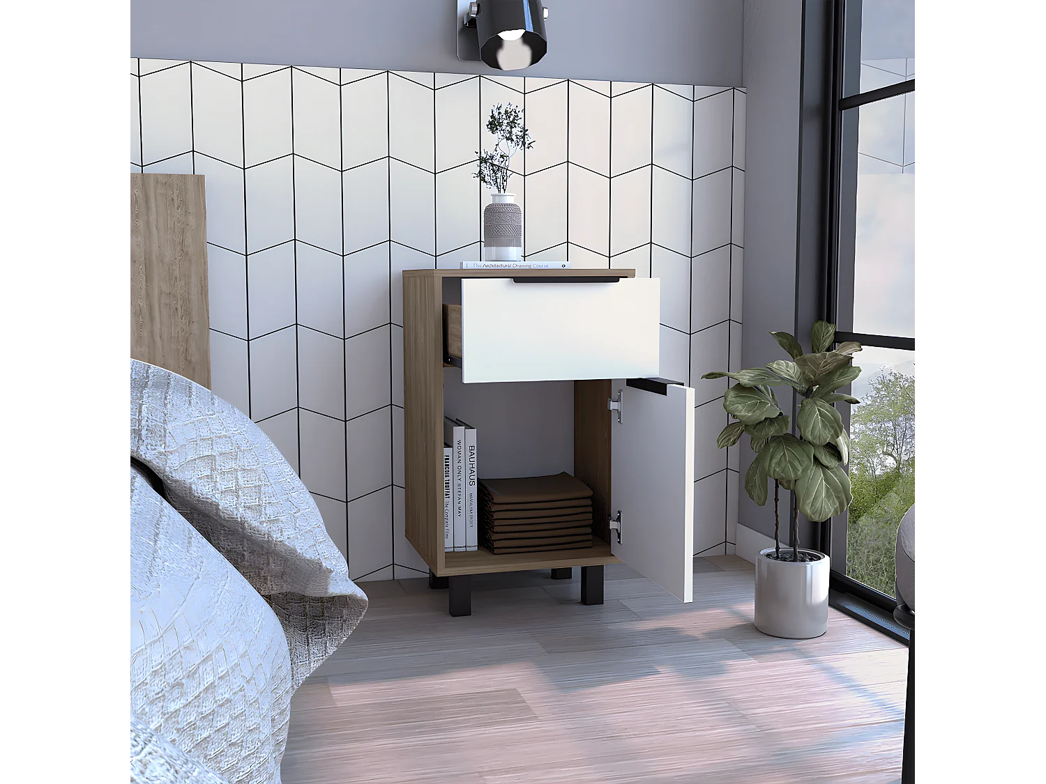 Mesa de noche Kaia Z, con un cajón 41.2CM L X 36.3CM D X70CM A Miel / Blanco