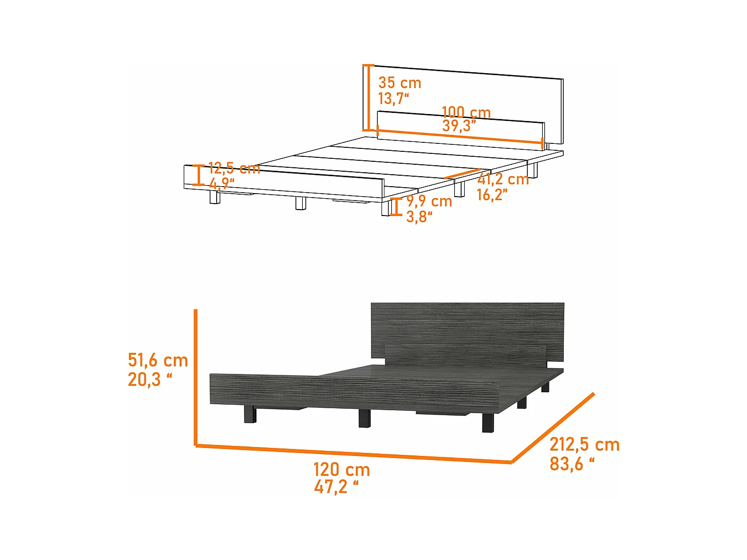 Cadre de lit simple kaia, 51,6 cm à x 212,5 cm P x 120 cm L, gris