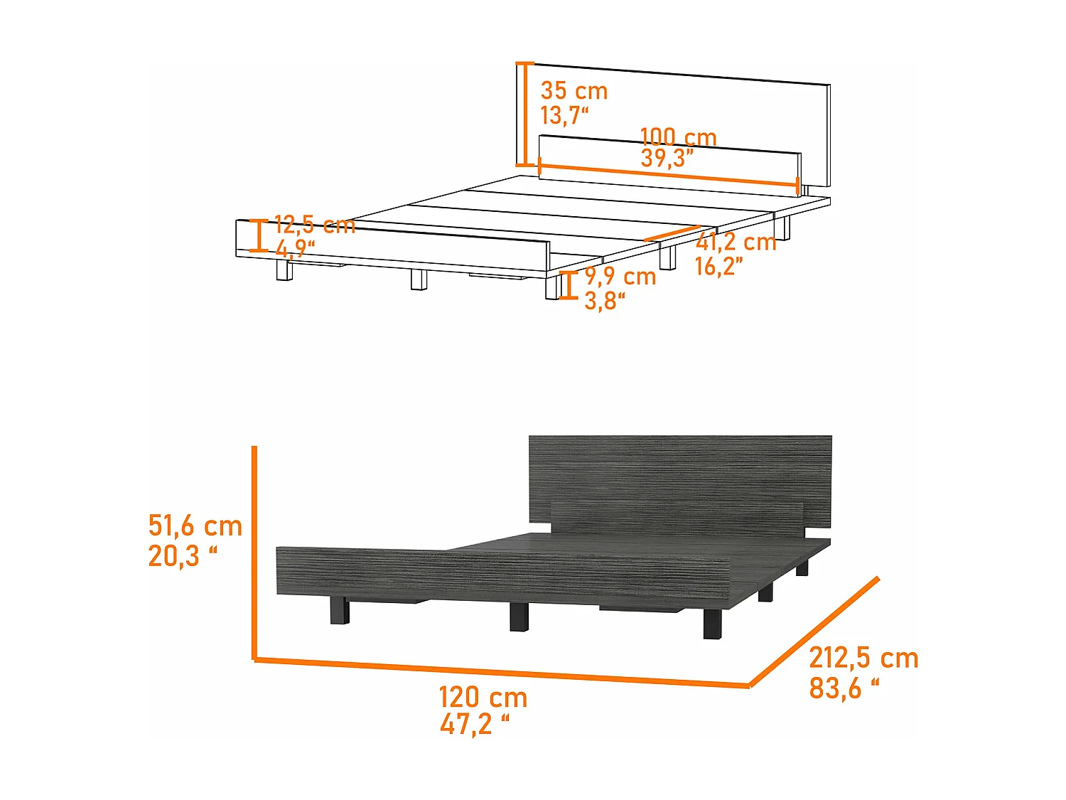 Cadre de lit simple kaia, 51,6 cm à x 212,5 cm P x 120 cm L, gris