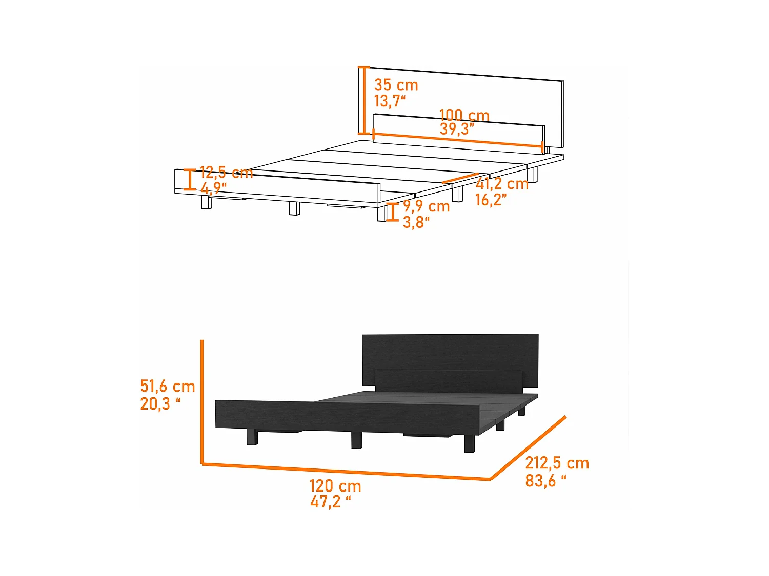 Base letto singola Kaia, con struttura 51,6CM L X 212,5CM P X 120CM L Nero