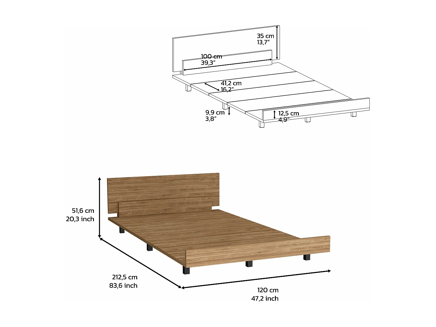 Cadre de lit simple kaia, 51,6 cm à x 212,5 cm P x 120 cm L, miel