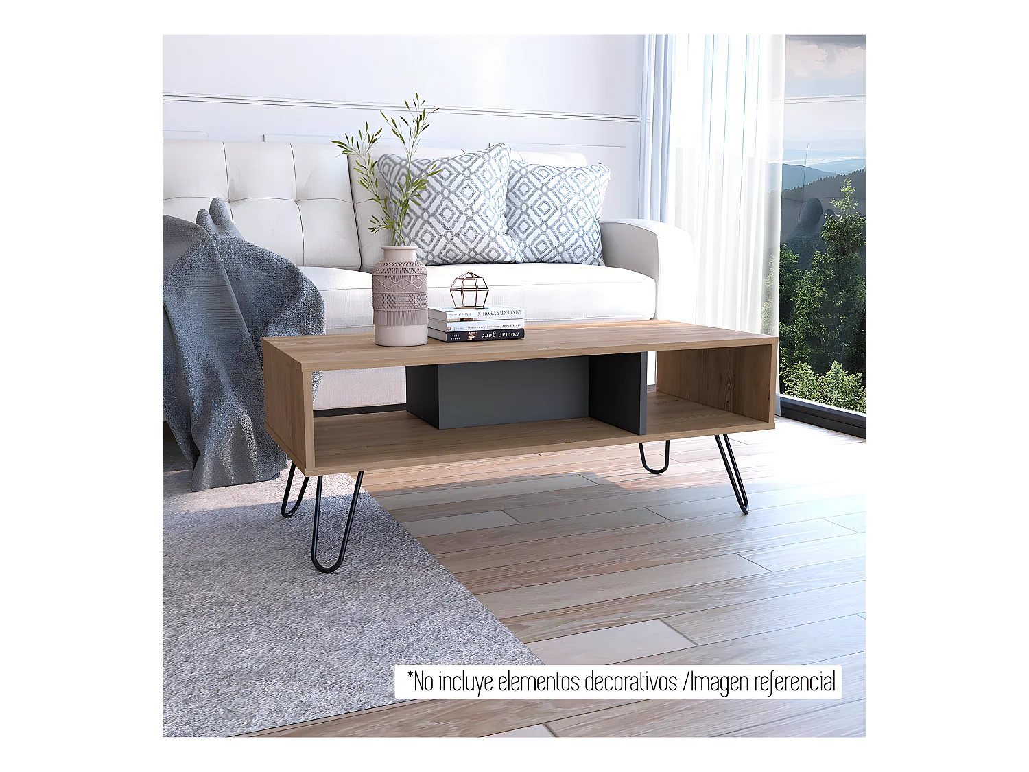 Table centrale de Vegas sans tiroirs ni étagères, 40 cm à x 101,1 cm le x 45 cm P, miel / plomb