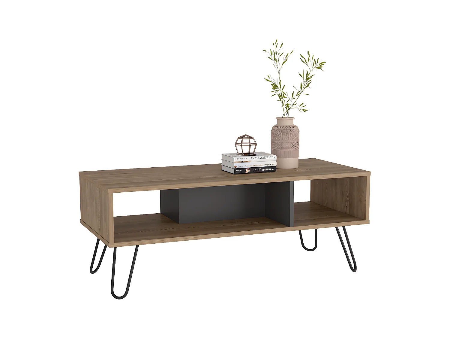 Table centrale de Vegas sans tiroirs ni étagères, 40 cm à x 101,1 cm le x 45 cm P, miel / plomb