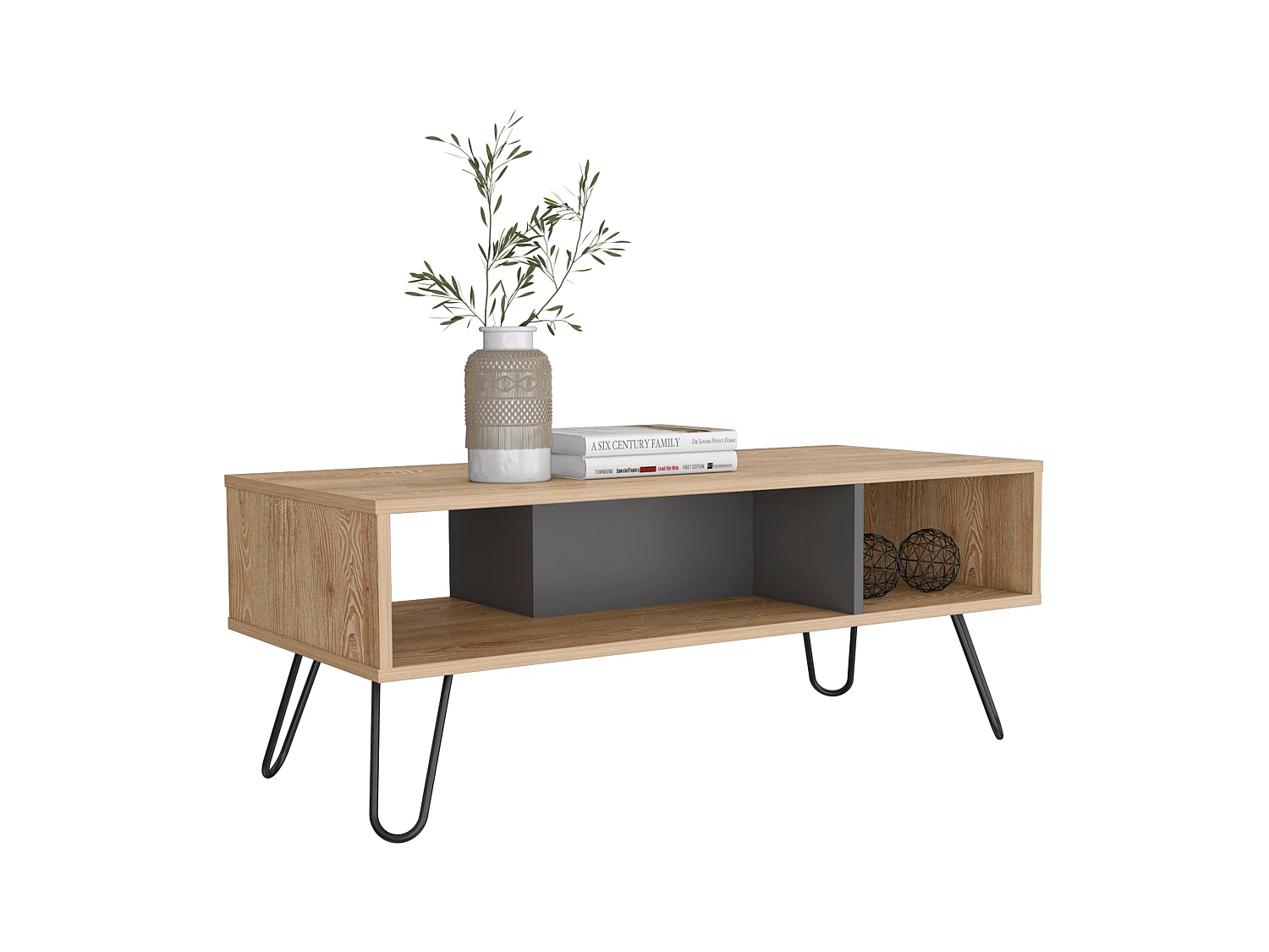 Table centrale de Vegas sans tiroirs ni étagères, 40 cm à x 101,1 cm le x 45 cm P, miel / plomb