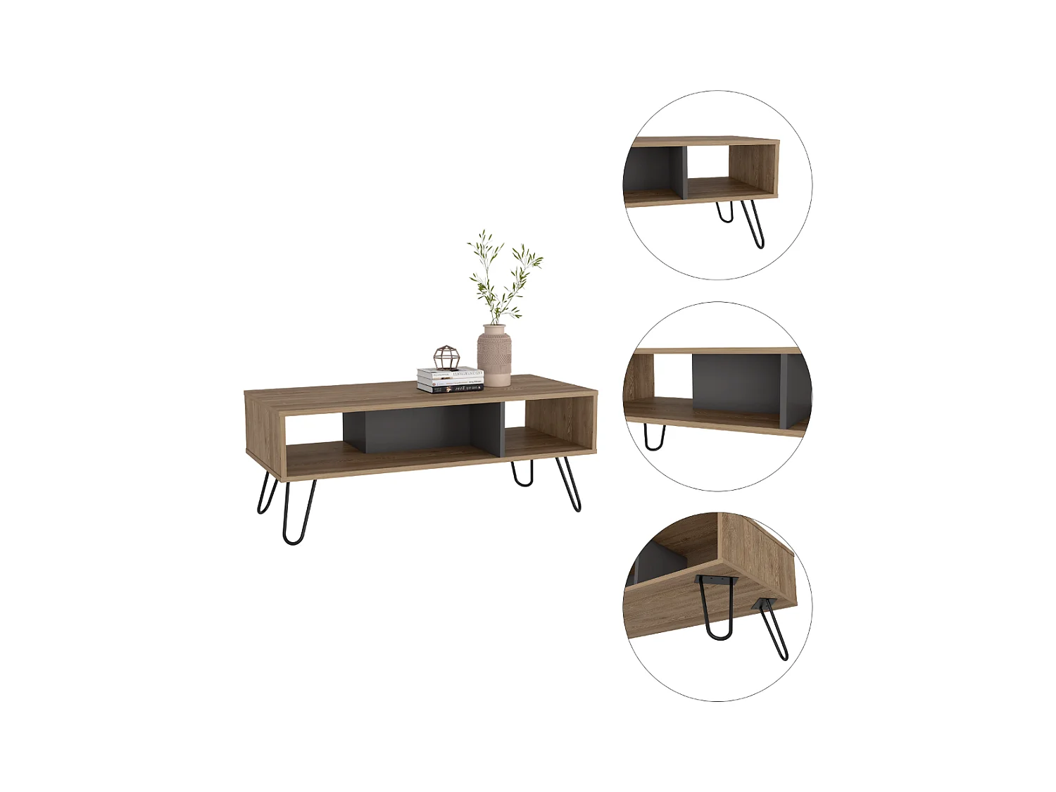 Table centrale de Vegas sans tiroirs ni étagères, 40 cm à x 101,1 cm le x 45 cm P, miel / plomb