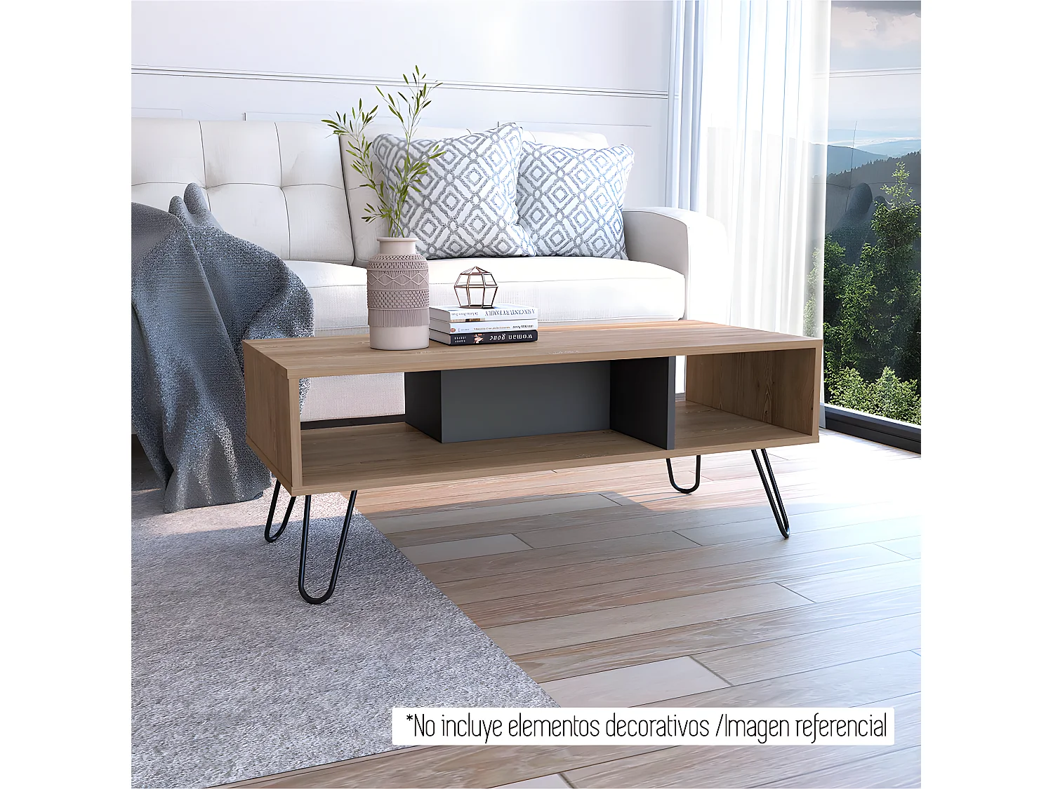 Table centrale de Vegas sans tiroirs ni étagères, 40 cm à x 101,1 cm le x 45 cm P, miel / plomb