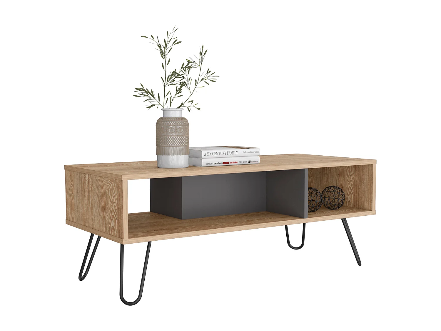 Table centrale de Vegas sans tiroirs ni étagères, 40 cm à x 101,1 cm le x 45 cm P, miel / plomb