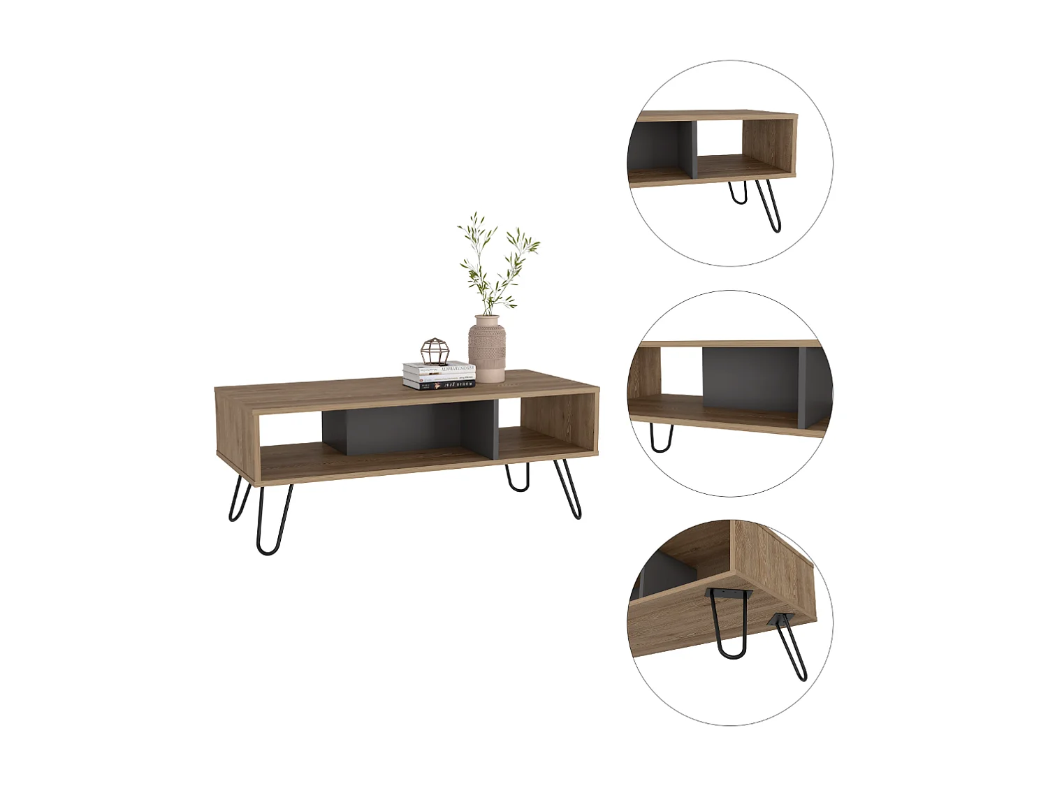 Table centrale de Vegas sans tiroirs ni étagères, 40 cm à x 101,1 cm le x 45 cm P, miel / plomb