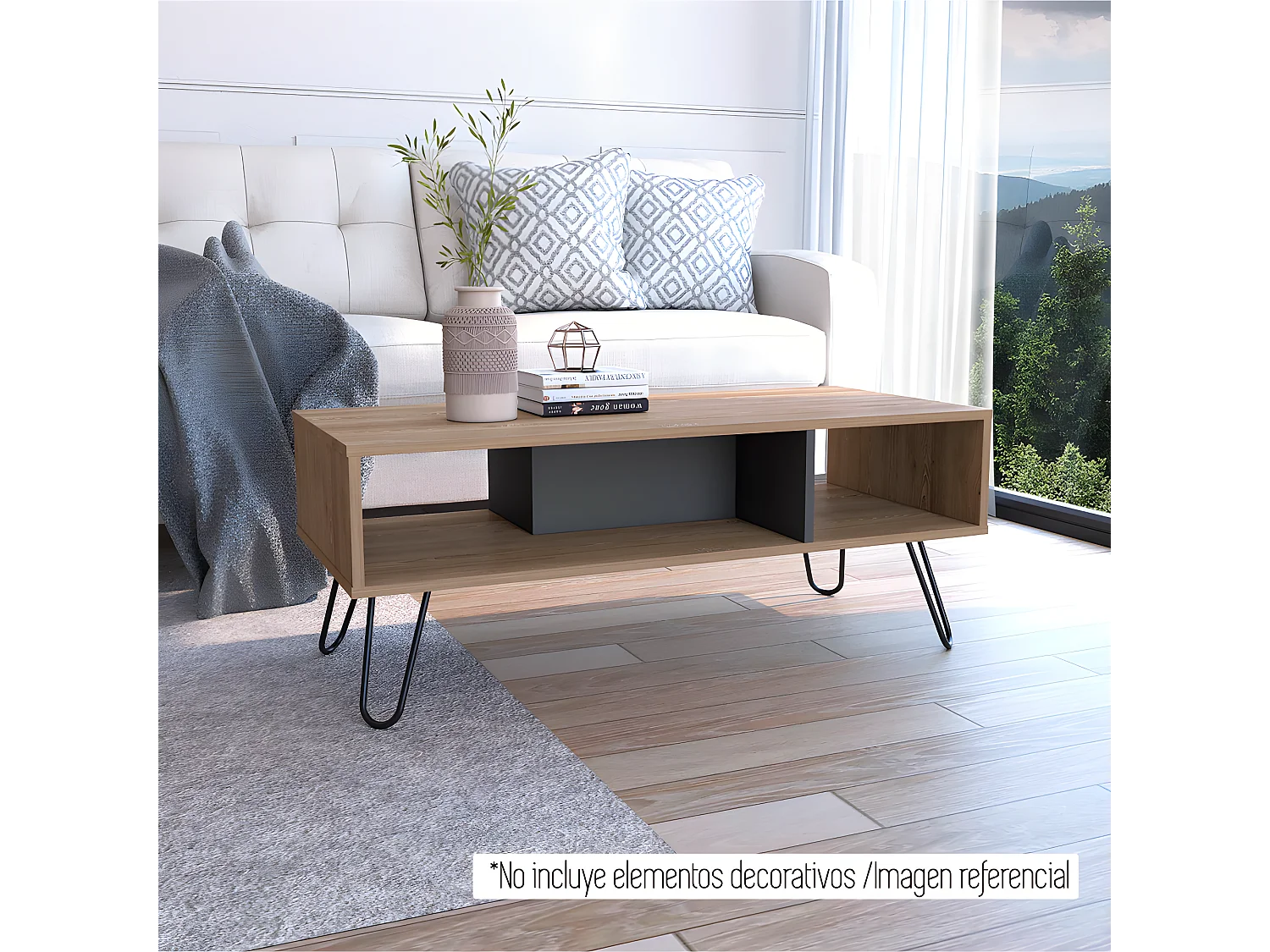 Table centrale de Vegas sans tiroirs ni étagères, 40 cm à x 101,1 cm le x 45 cm P, miel / plomb