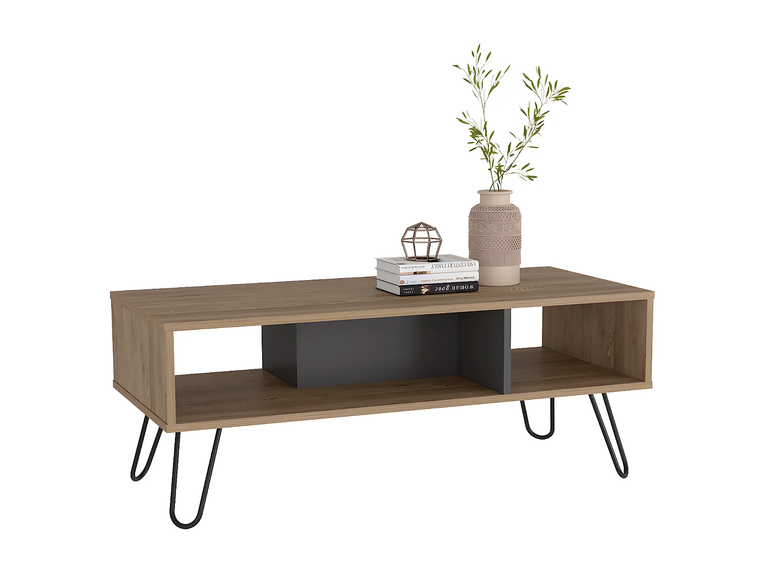 Table centrale de Vegas sans tiroirs ni étagères, 40 cm à x 101,1 cm le x 45 cm P, miel / plomb