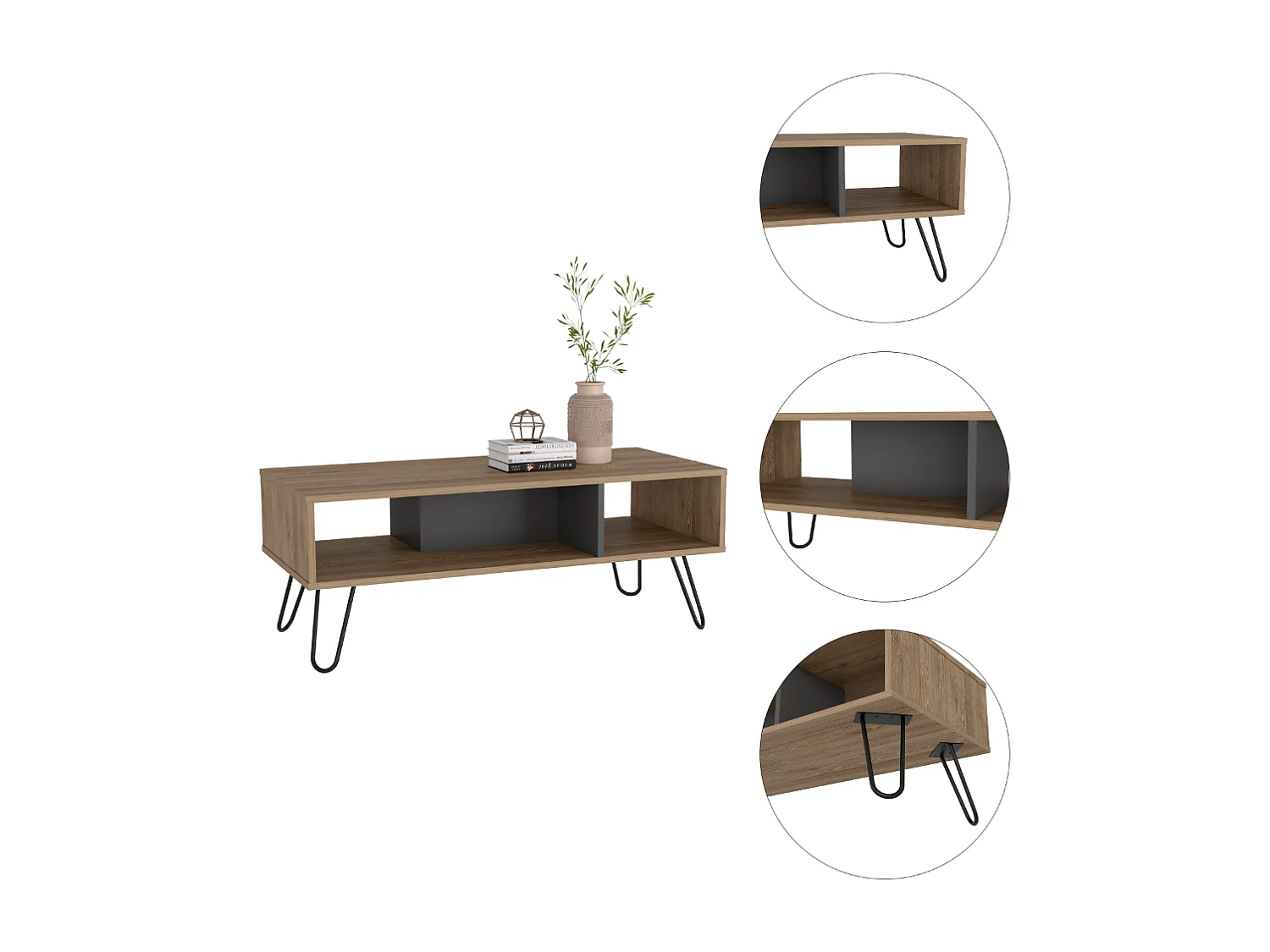 Table centrale de Vegas sans tiroirs ni étagères, 40 cm à x 101,1 cm le x 45 cm P, miel / plomb