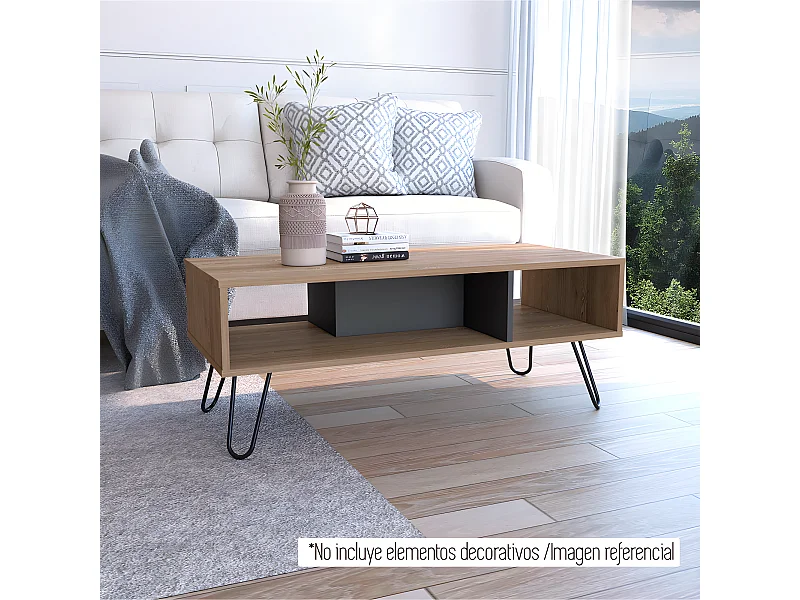 Table centrale de Vegas sans tiroirs ni étagères, 40 cm à x 101,1 cm le x 45 cm P, miel / plomb