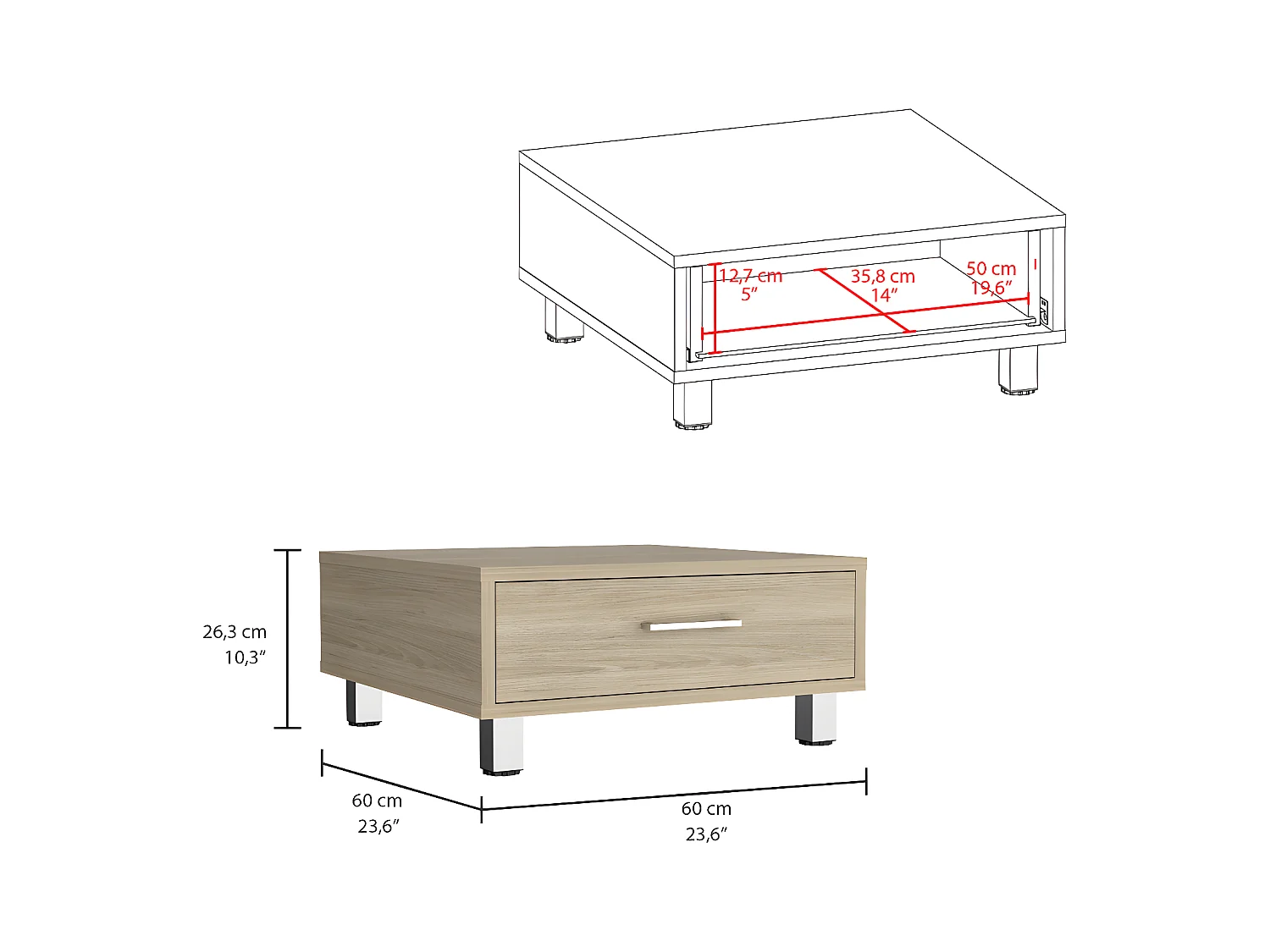 Table centrale de Beijing avec 1 tiroir, 26,3 cm à x 60 cm P x 60 cm et miel
