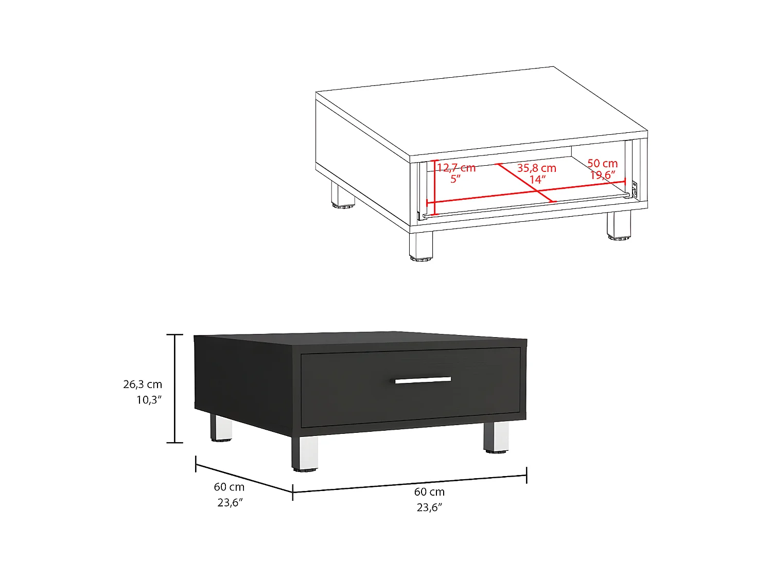 Tavolino Beijing, con cassetto 26,3 cm L X 60 cm H X 60 cm L X 60 cm P Nero
