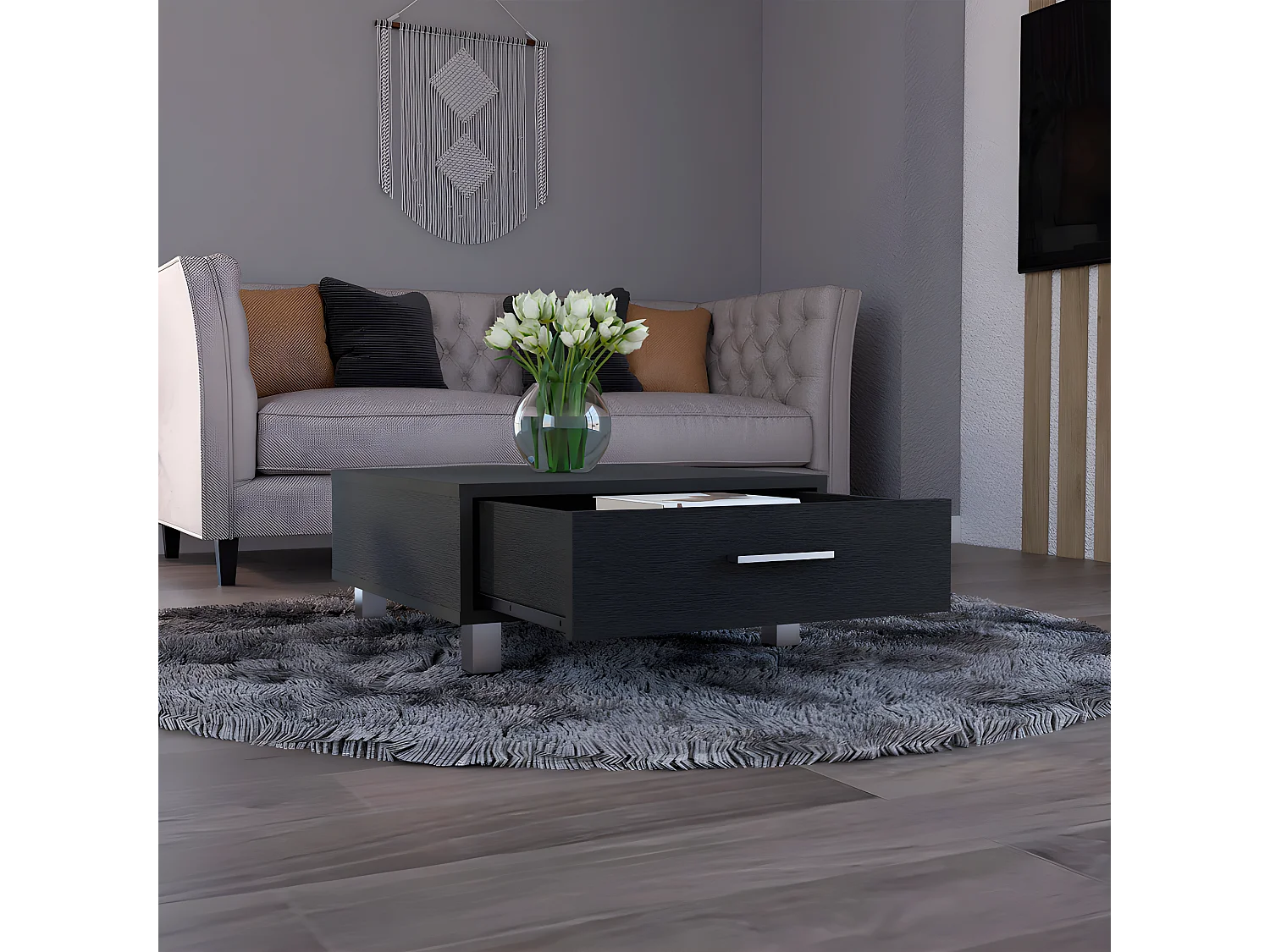 Tavolino Beijing, con cassetto 26,3 cm L X 60 cm H X 60 cm L X 60 cm P Nero