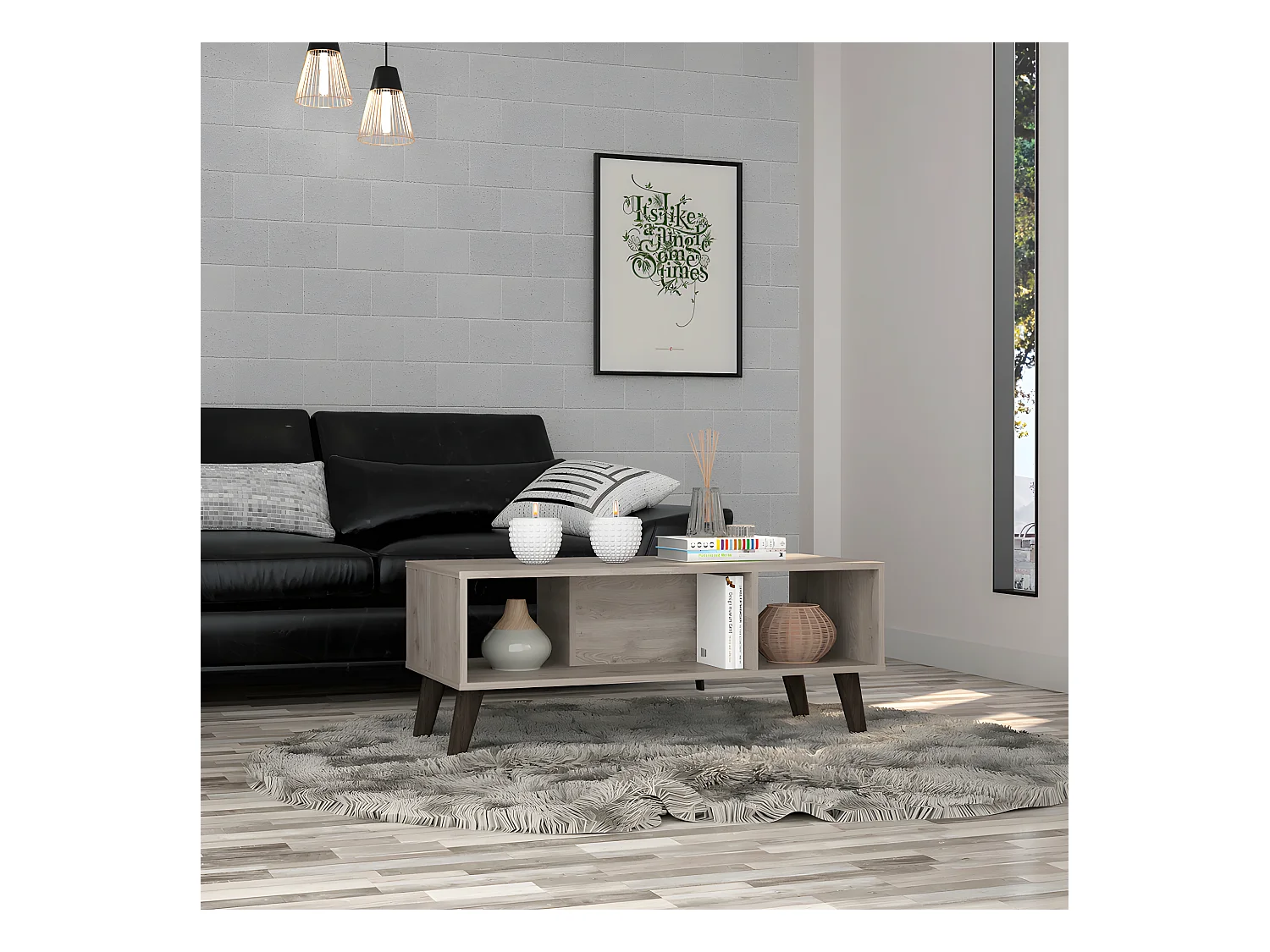 Table centrale Cincinatti sans tiroirs ni étagères, 40 cm à x 47 cm P x 101,1 cm et cendre