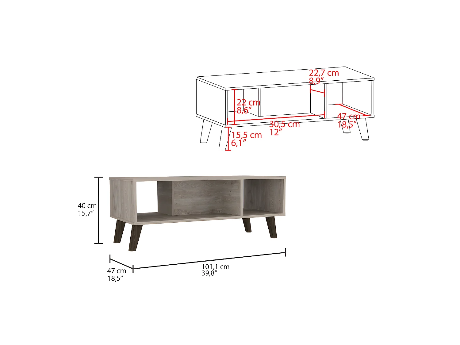 Table centrale Cincinatti sans tiroirs ni étagères, 40 cm à x 47 cm P x 101,1 cm et cendre