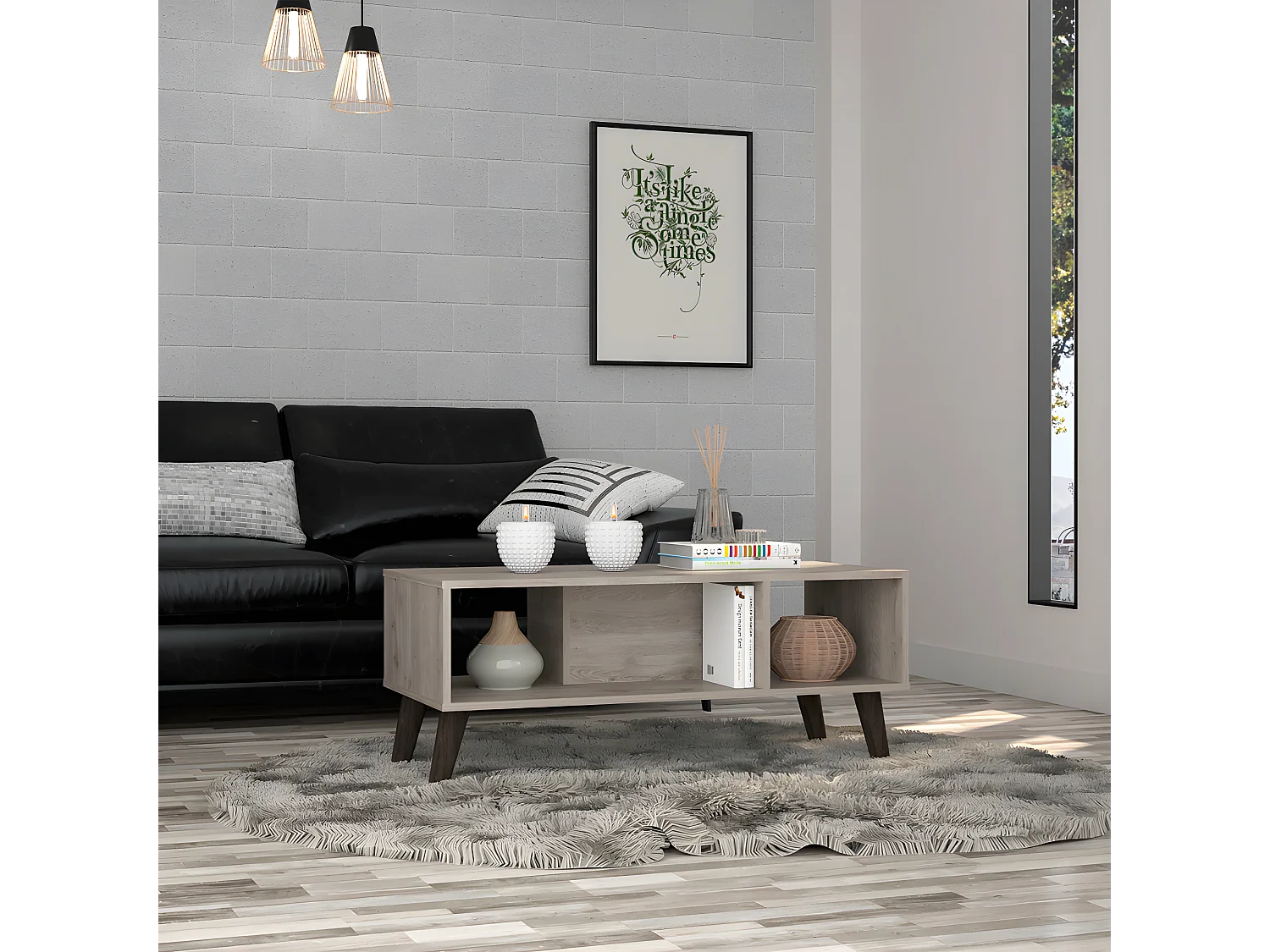 Table centrale Cincinatti sans tiroirs ni étagères, 40 cm à x 47 cm P x 101,1 cm et cendre