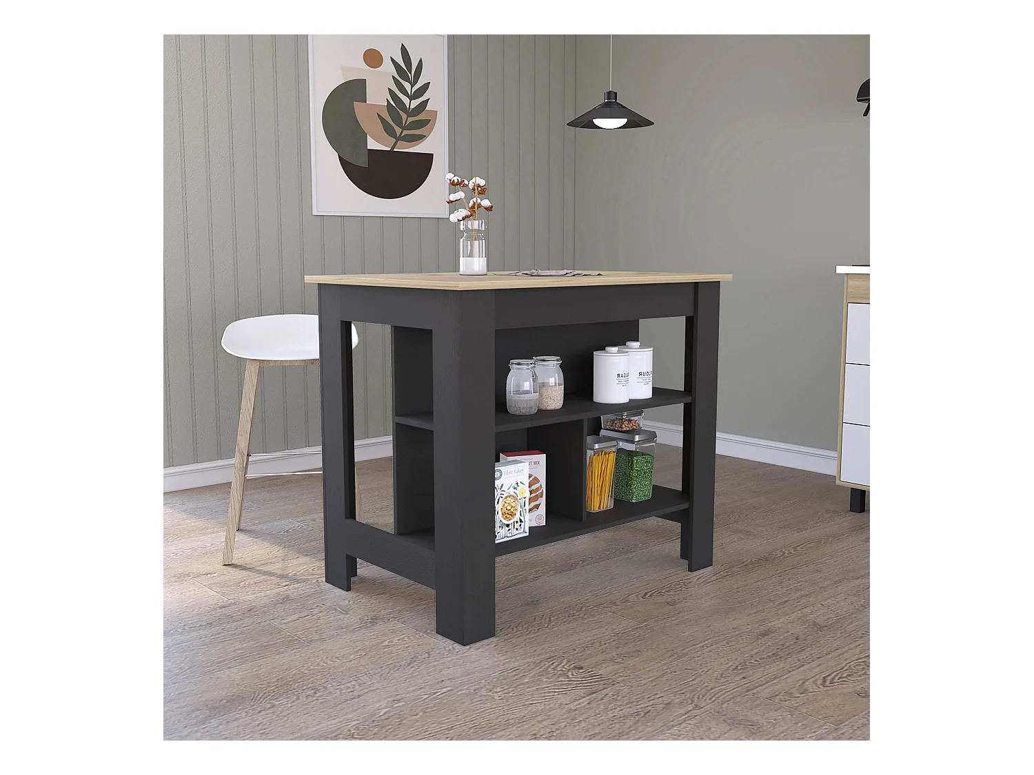 Isola da cucina Cala, tre ripiani e quattro gambe 90 CM H X 103 CM L X 70 CM P. Nero / Duna