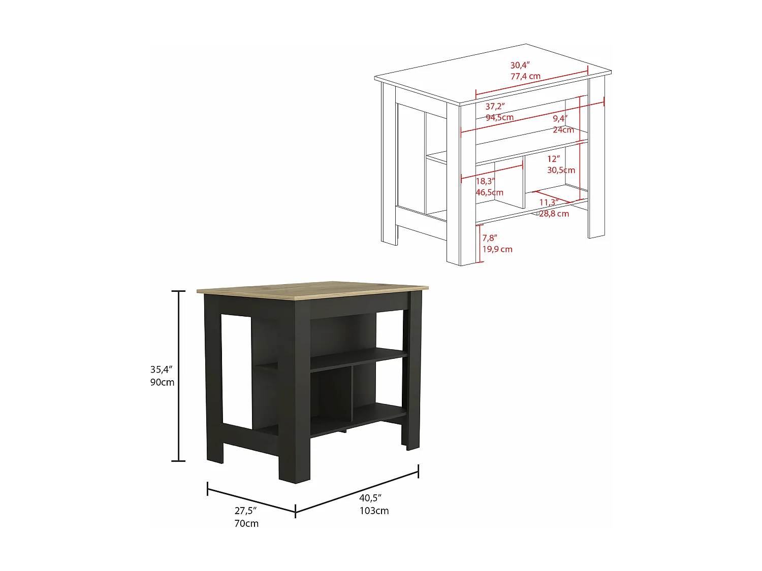 Îlot de cuisine Cala, trois étagères et quatre pattes, 90 cm à x 103 cm le x 70 cm P,  wengé / Chêne clair