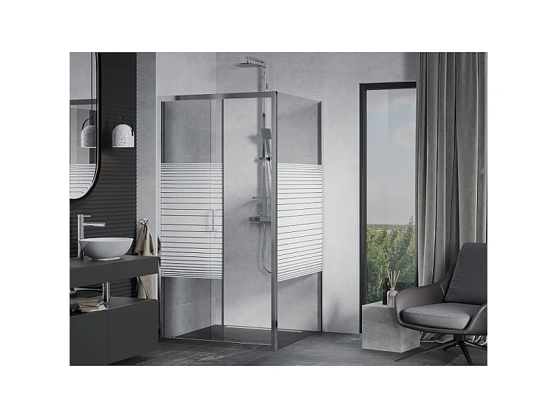 Mexen Apia drsna tuš kabina 90 x 90 cm, bele črte, krom - 840-090-090-01-20