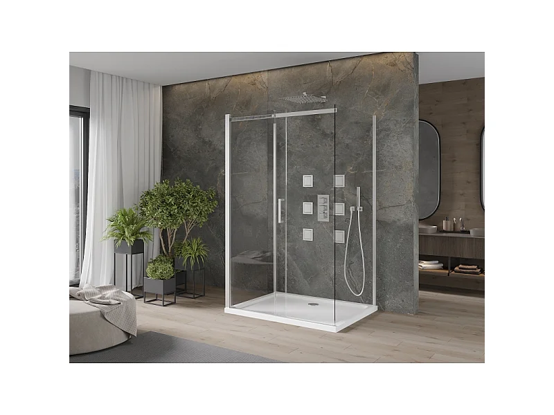 Mexen Omega-3S  kabina prysznicowa 3-ścienna, rozsuwana 140x80 cm, transparent, chrom + brodzik Flat - 825-140-080-01-00-3s-4010