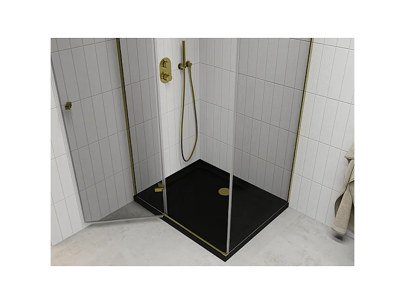 Mexen Roma cabine de douche pivotante 100 x 90 cm, transparente, dorée + receveur Flat, noir - 854-100-090-50-00-4070G