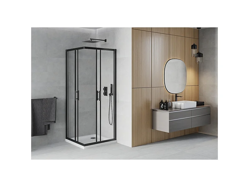 Mexen Rio ščedilnik za prhanje 70 x 70 cm, prozoren, čren + pladenj Flat, bel - 860-070-070-70-00-4010B