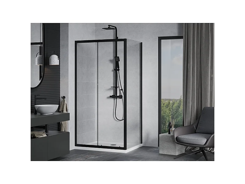 Mexen Apia schuifbare douchecabine 90 x 80 cm, transparant, zwart + Flat douchebak, wit - 840-090-080-70-00-4010B