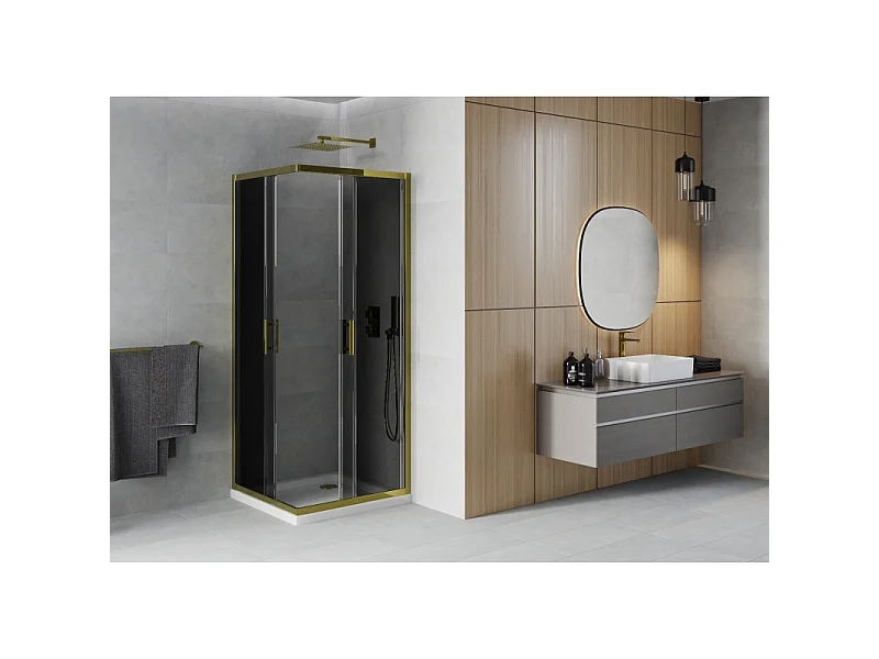 Mexen Rio kvadratisk brusekabine 80 x 80 cm, grafit, guld + Flat brusekar, hvid - 860-080-080-50-40-4010G