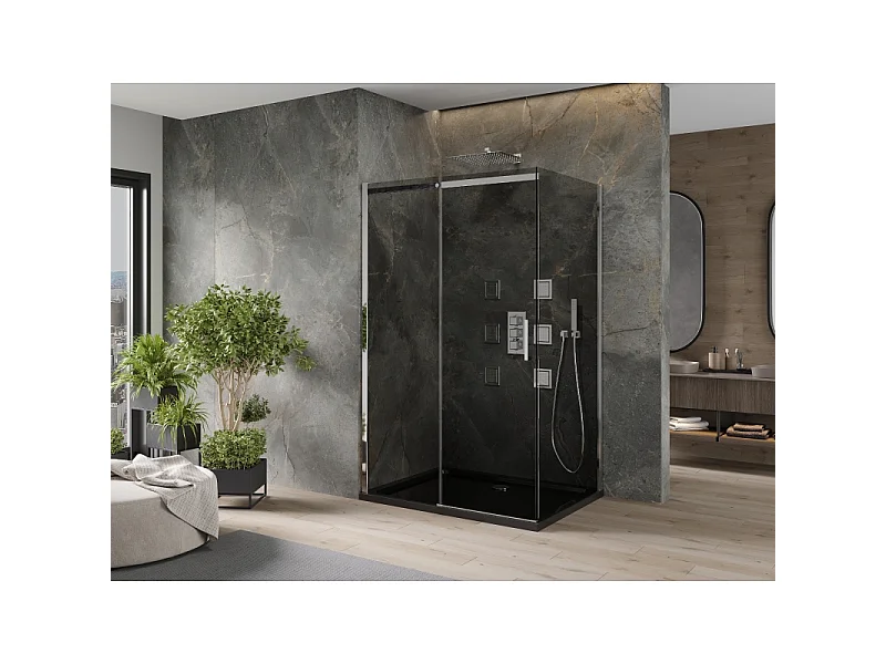 Mexen Omega cabine de douche coulissante 120 x 90 cm, graphite, chrome + receveur Flat, noir - 825-120-090-01-40-4070