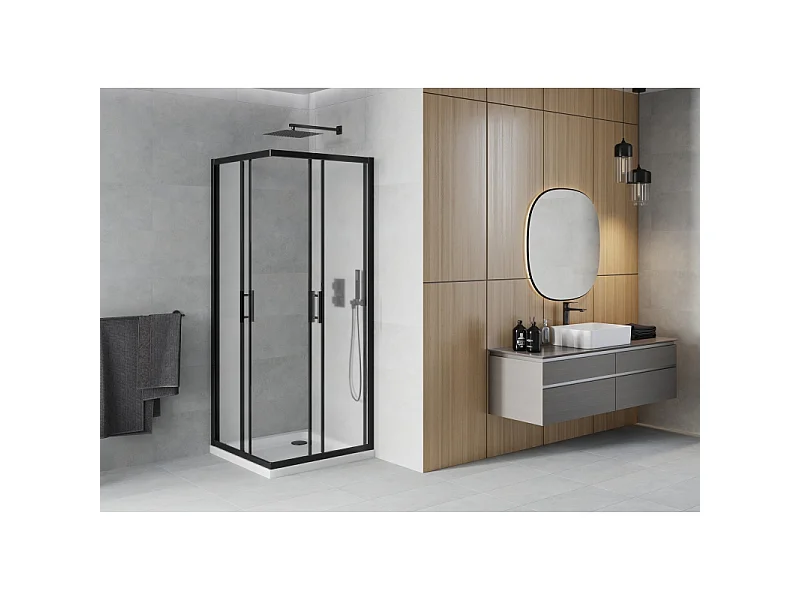 Mexen Rio kvadratisk brusekabine 80 x 80 cm, frostet, sort + Flat brusekar, hvid - 860-080-080-70-30-4010B