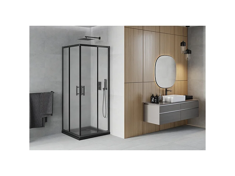 Mexen Rio vierkante douchecabine 70 x 70 cm, matglas, zwart + Flat douchebak, zwart - 860-070-070-70-30-4070B