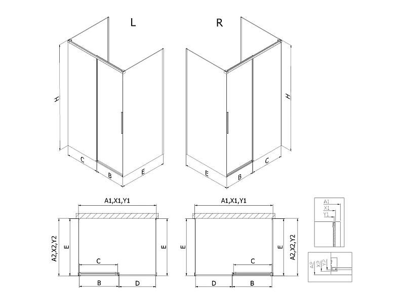 Mexen Rox-3S 3-zijdige schuifbare douchecabine links 95 x 80 cm, zwarte omlijsting, zwart - 8C2-095-080-70-70-3S-L