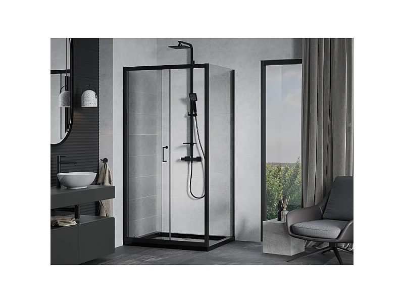 Mexen Apia schuifbare douchecabine 110 x 90 cm, transparant, zwart + Flat douchebak, zwart - 840-110-090-70-00-4070B