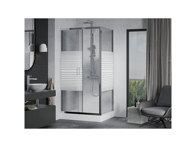 Mexen Apia skydedør brusekabine 120 x 80 cm, hvide striber, krom + Rio brusekar - 840-120-080-01-20-4510