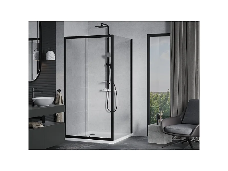 Mexen Apia schuifbare douchecabine 90 x 90 cm, transparant, zwart + Flat douchebak, wit - 840-090-090-70-00-4010B