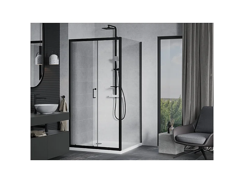 Mexen Apia schuifbare douchecabine 90 x 90 cm, transparant, zwart + Flat douchebak, wit - 840-090-090-70-00-4010B