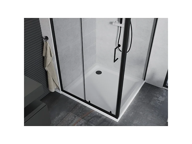 Mexen Apia schuifbare douchecabine 90 x 90 cm, transparant, zwart + Flat douchebak, wit - 840-090-090-70-00-4010B