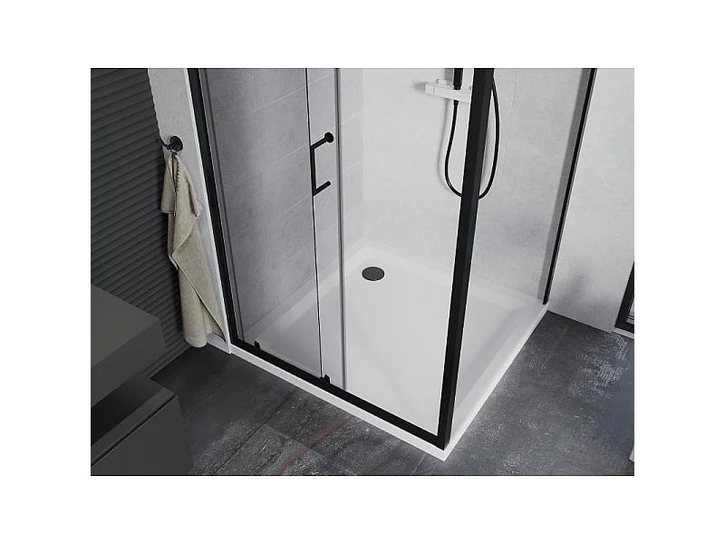Mexen Apia schuifbare douchecabine 90 x 90 cm, transparant, zwart + Flat douchebak, wit - 840-090-090-70-00-4010B