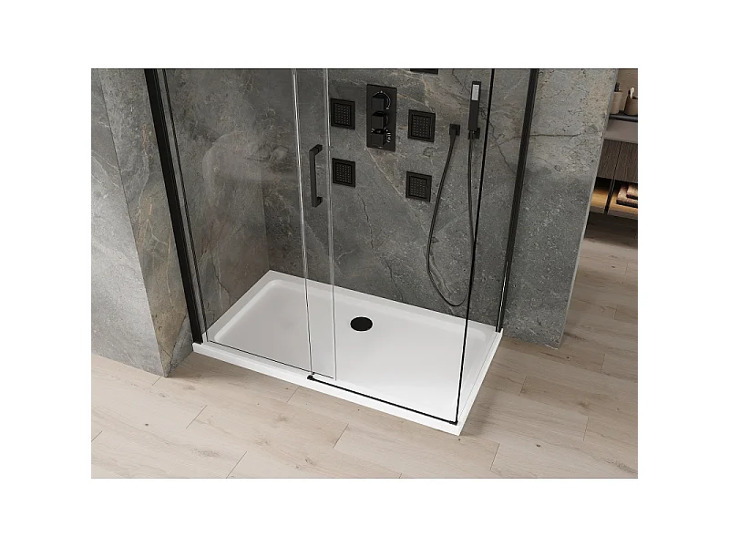 Mexen Omega schuifdouchecabine 130 x 70 cm, transparant, zwart + Flat douchebak, wit - 825-130-070-70-00-4010B